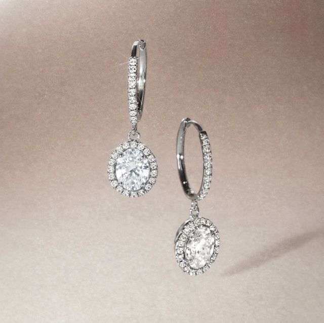 1.42 Carat Lab Grown Oval Diamond Halo Drop Earrings in White Gold - Rosée