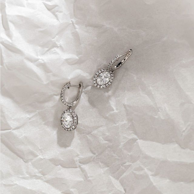 1.42 Carat Lab Grown Oval Diamond Halo Drop Earrings in White Gold - Rosée