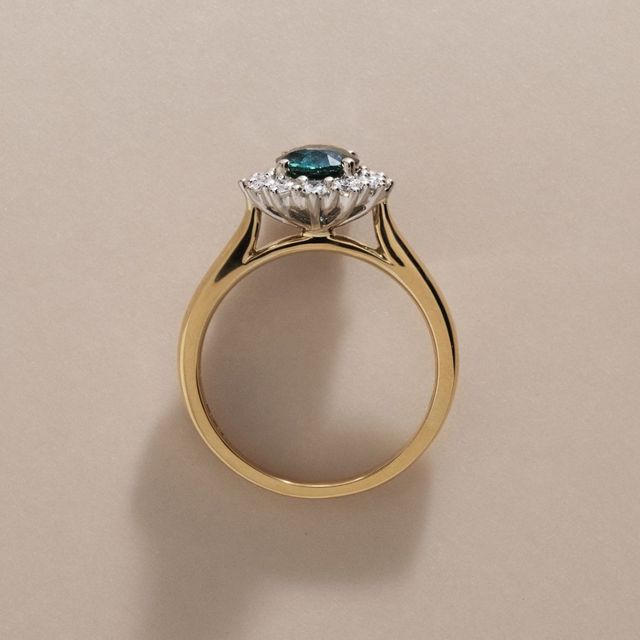1.16 Carat Natural Oval Teal Sapphire Cluster Engagement Ring In Two Tone - Windermere