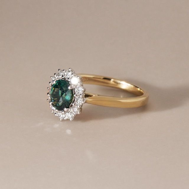 1.16 Carat Natural Oval Teal Sapphire Cluster Engagement Ring In Two Tone - Windermere