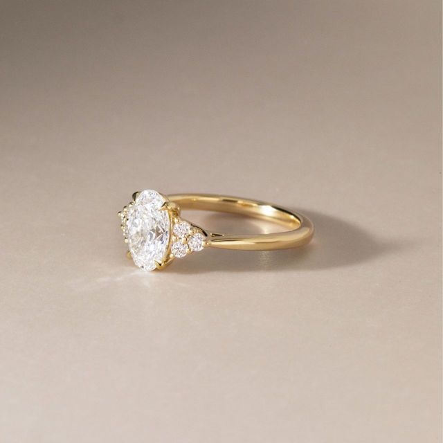 1.57 Carat Lab Grown Oval Diamond Trilogy Engagement Ring in Yellow Gold - Isabella