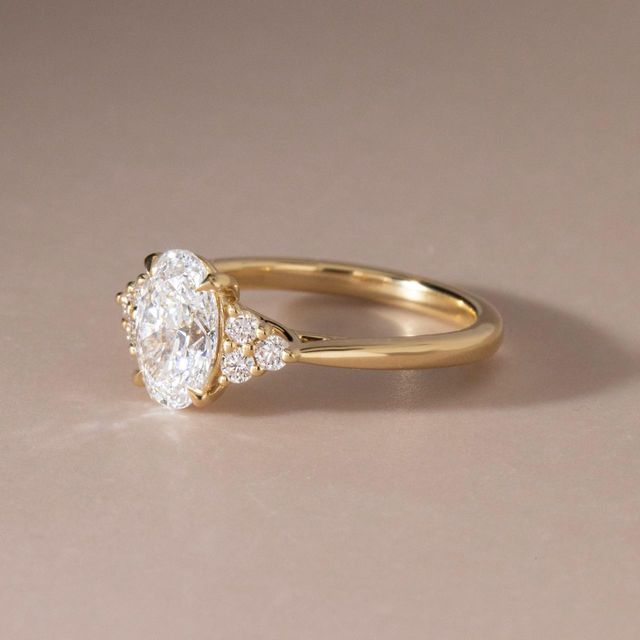 1.57 Carat Lab Grown Oval Diamond Trilogy Engagement Ring in Yellow Gold - Isabella