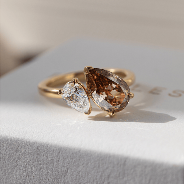 2.10 Carat Pear And Brown Pear Diamond Toi et Moi Engagement Ring in Yellow Gold