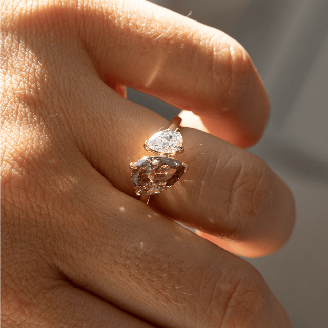 2.10 Carat Pear And Brown Pear Diamond Toi et Moi Engagement Ring in Yellow Gold