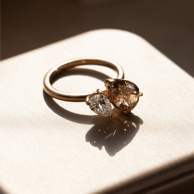 2.10 Carat Pear And Brown Pear Diamond Toi et Moi Engagement Ring in Yellow Gold