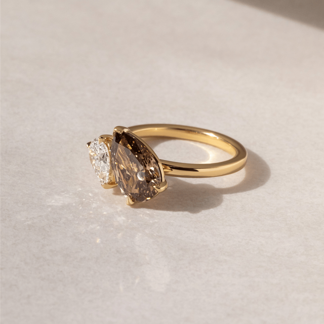 2.10 Carat Pear And Brown Pear Diamond Toi et Moi Engagement Ring in Yellow Gold