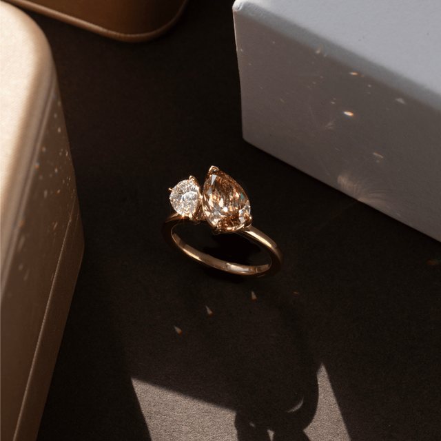 2.10 Carat Pear And Brown Pear Diamond Toi et Moi Engagement Ring in Yellow Gold
