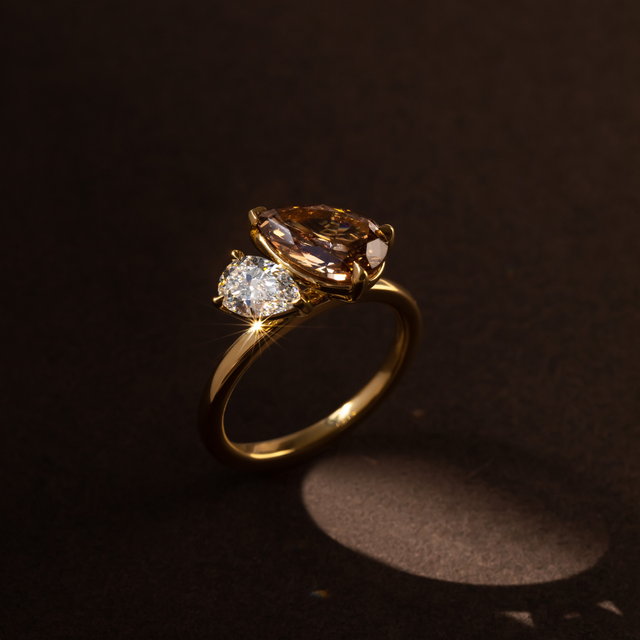 2.10 Carat Pear And Brown Pear Diamond Toi et Moi Engagement Ring in Yellow Gold