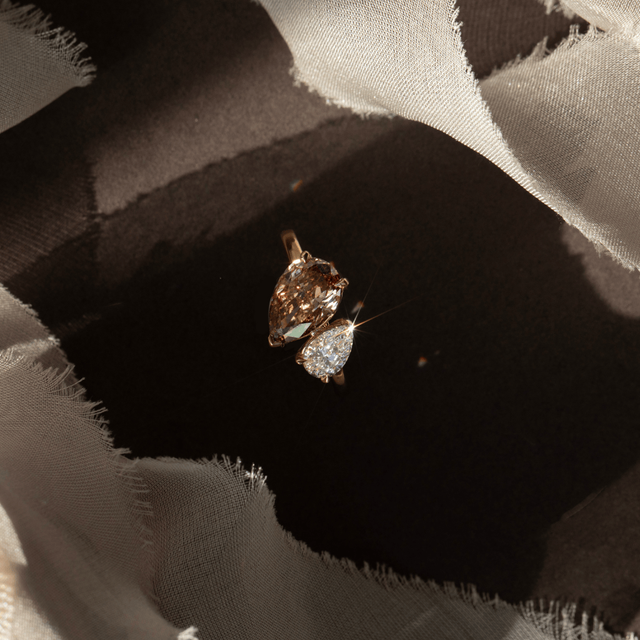 2.10 Carat Pear And Brown Pear Diamond Toi et Moi Engagement Ring in Yellow Gold