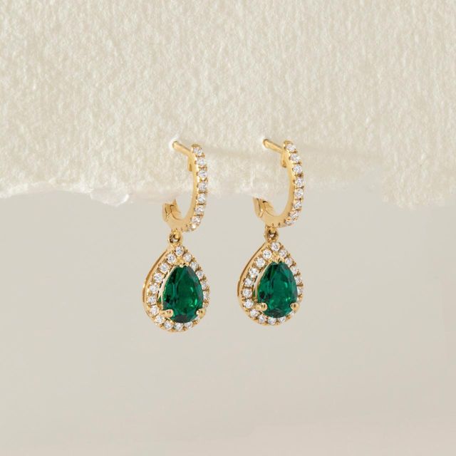1.30 Carat Lab Grown Pear Cut Emerald Diamond Halo Drop Earrings in Yellow Gold