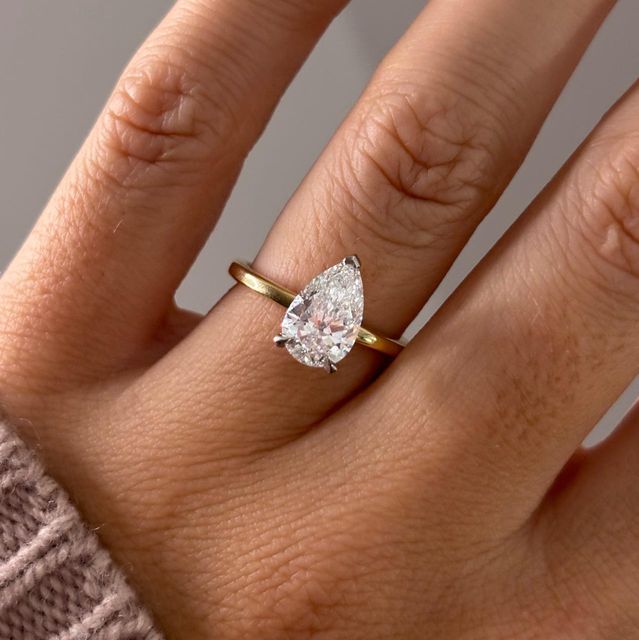 1.84 Carat Lab Grown Pear Diamond Hidden Halo Engagement Ring in Two Tone - Kate