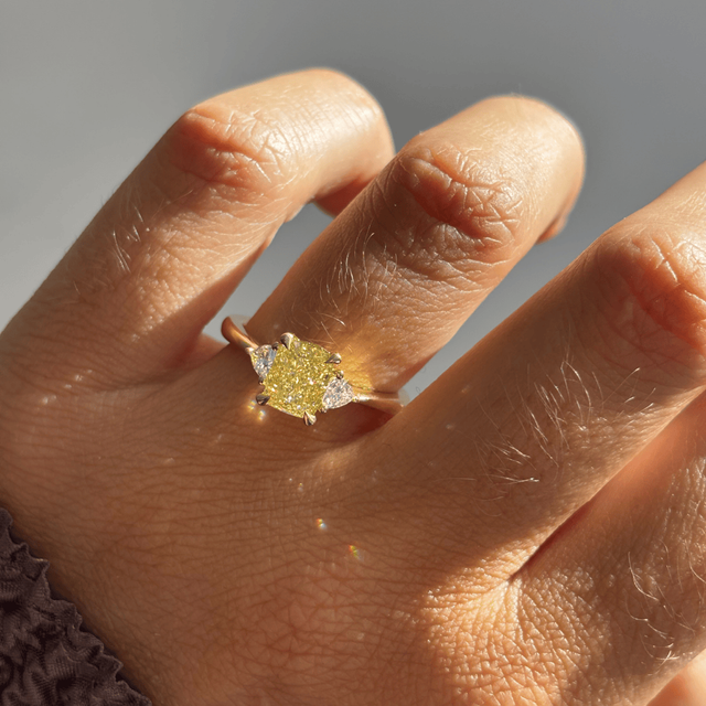 1.50 Carat Yellow Elongated Cushion Diamond Trilogy Engagement Ring in Yellow Gold - Manilla