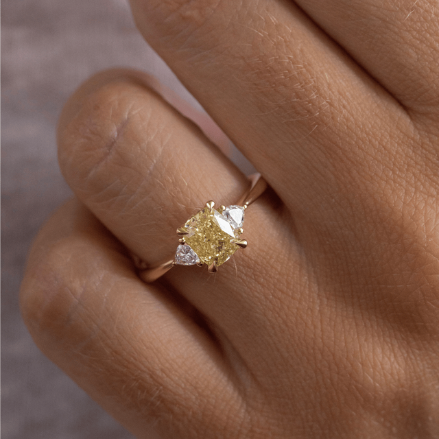 1.50 Carat Yellow Elongated Cushion Diamond Trilogy Engagement Ring in Yellow Gold - Manilla