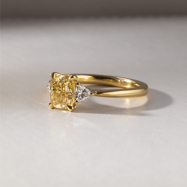 1.50 Carat Yellow Elongated Cushion Diamond Trilogy Engagement Ring in Yellow Gold - Manilla