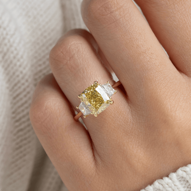 3.00 Carat Yellow Elongated Cushion Diamond Trilogy Engagement Ring in Yellow Gold - Treya