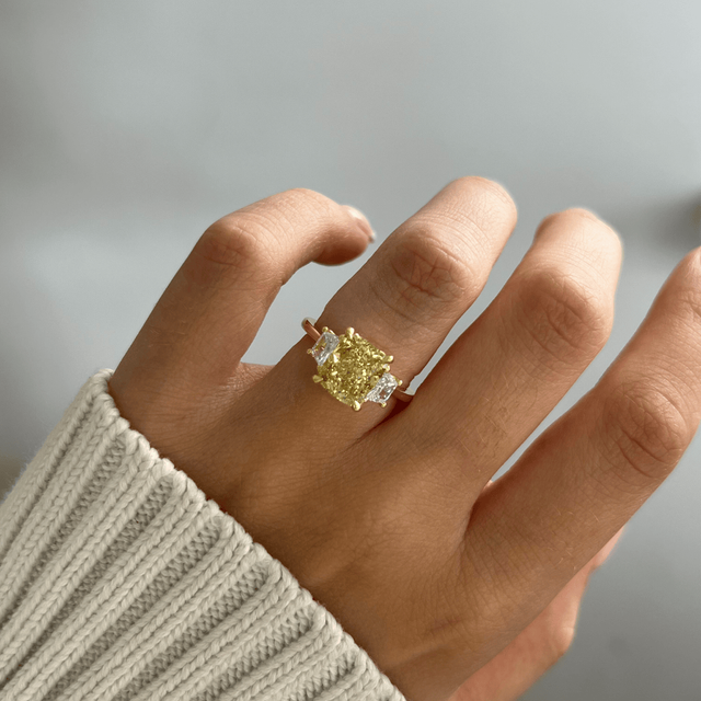3.00 Carat Yellow Elongated Cushion Diamond Trilogy Engagement Ring in Yellow Gold - Treya