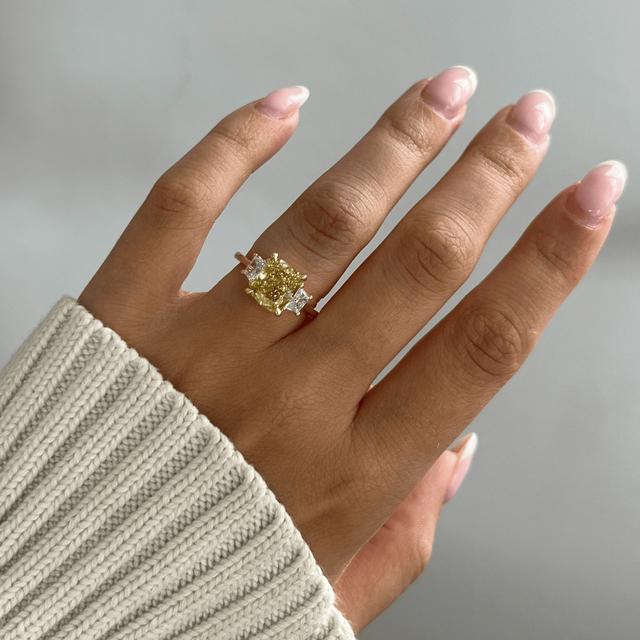 3.00 Carat Yellow Elongated Cushion Diamond Trilogy Engagement Ring in Yellow Gold - Treya