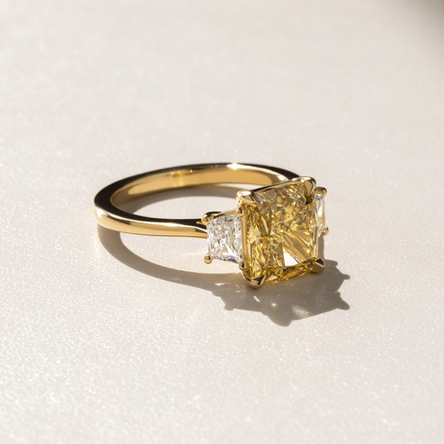 3.00 Carat Yellow Elongated Cushion Diamond Trilogy Engagement Ring in Yellow Gold - Treya