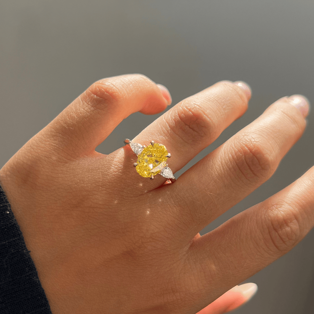 3.00 Carat Yellow Oval Diamond Trilogy Engagement Ring in Yellow Gold - Vivian