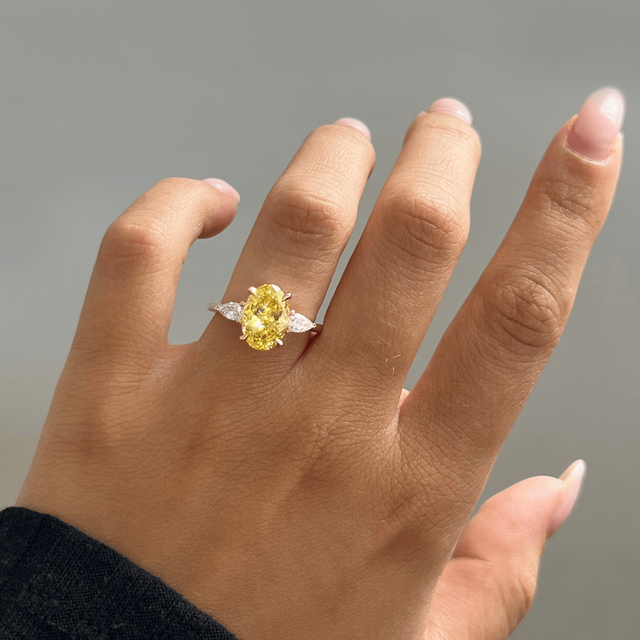 3.00 Carat Yellow Oval Diamond Trilogy Engagement Ring in Yellow Gold - Vivian