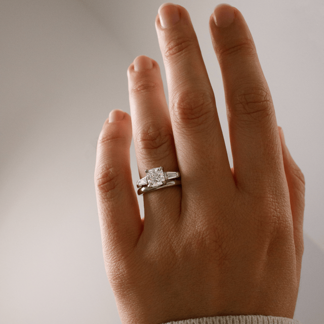 1.50 Carat Lab Grown Cushion Cut Diamond Trilogy Engagement Ring in Platinum - Kenzo