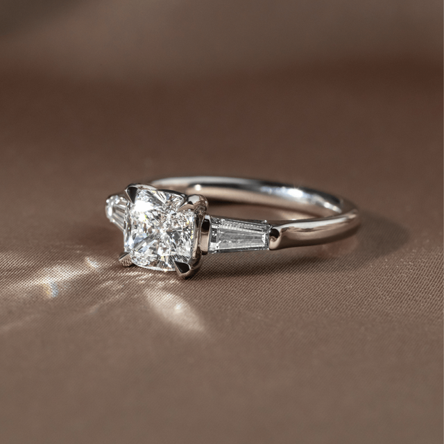 1.50 Carat Lab Grown Cushion Cut Diamond Trilogy Engagement Ring in Platinum - Kenzo