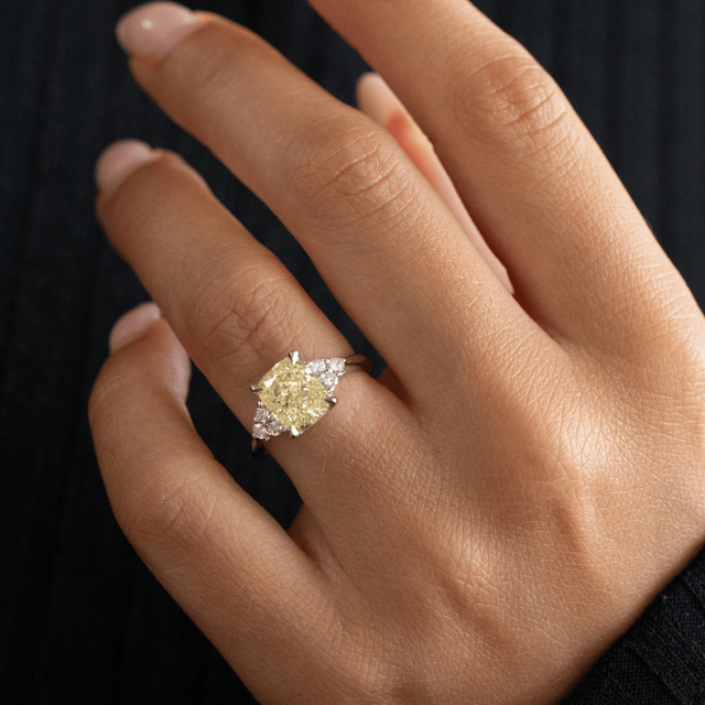 2.60 Carat Yellow Cushion Diamond Trilogy Engagement Ring in Platinum - Isabella