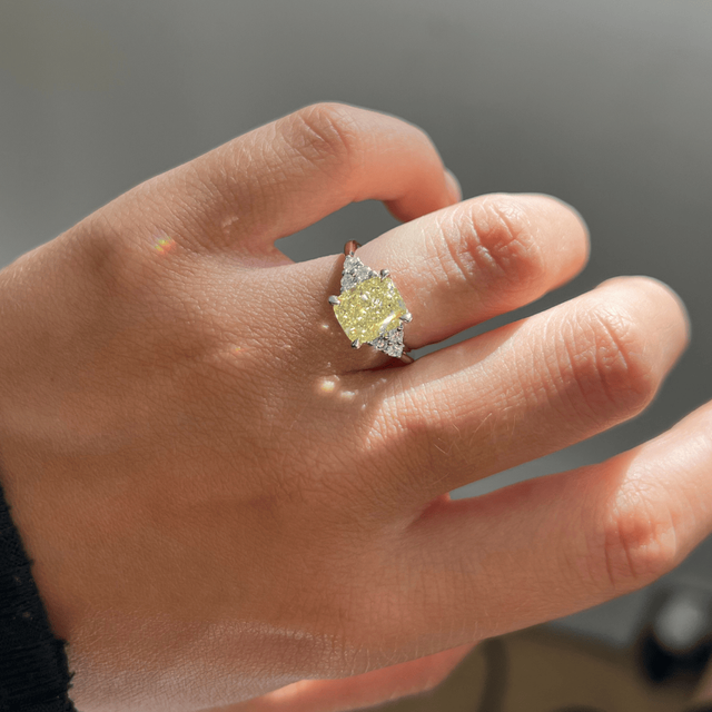 2.60 Carat Yellow Cushion Diamond Trilogy Engagement Ring in Platinum - Isabella
