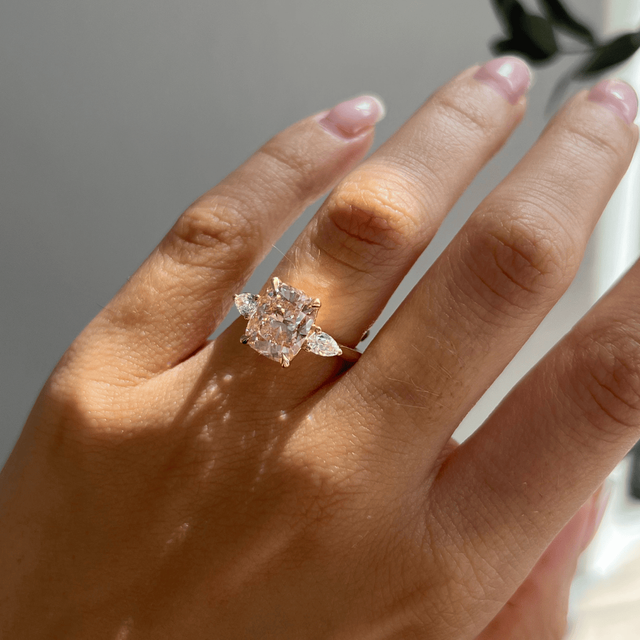 3.30 Carat Pink Elongated Cushion Diamond Trilogy Engagement Ring in Yellow Gold - Amaya