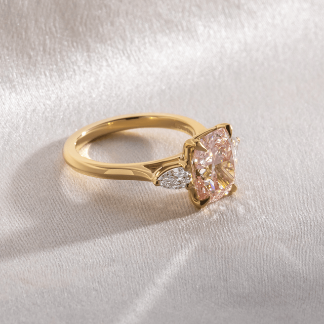3.30 Carat Pink Elongated Cushion Diamond Trilogy Engagement Ring in Yellow Gold - Amaya