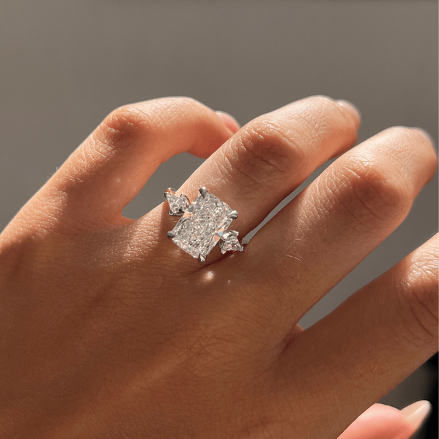 4.00 Carat Lab Grown Elongated Cushion Diamond Trilogy Engagement Ring in Two Tone - Anam Cara