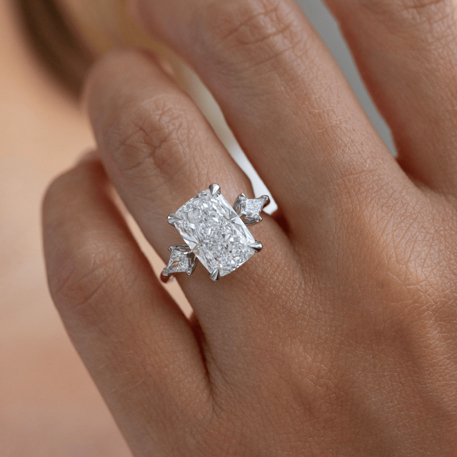 4.00 Carat Lab Grown Elongated Cushion Diamond Trilogy Engagement Ring in Two Tone - Anam Cara