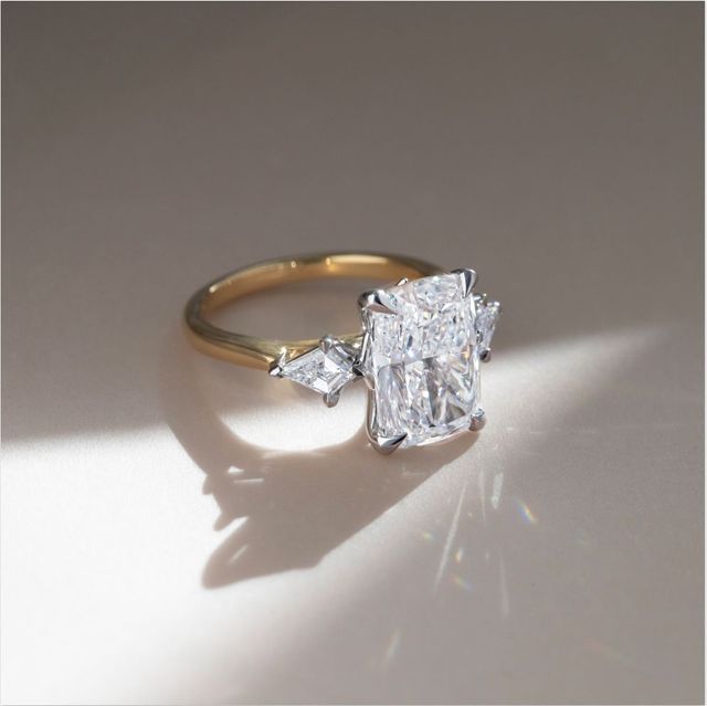 4.00 Carat Lab Grown Elongated Cushion Diamond Trilogy Engagement Ring in Two Tone - Anam Cara