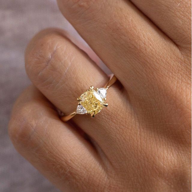 1.50 Carat Yellow Elongated Cushion Diamond Trilogy Engagement Ring in Yellow Gold - Manilla