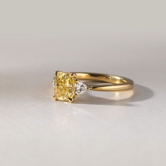 1.50 Carat Yellow Elongated Cushion Diamond Trilogy Engagement Ring in Yellow Gold - Manilla