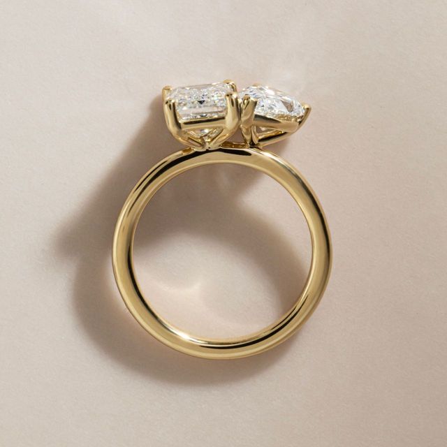 Toi Et Moi Lab Grown Pear And Emerald Diamond Engagement Ring In Yellow Gold