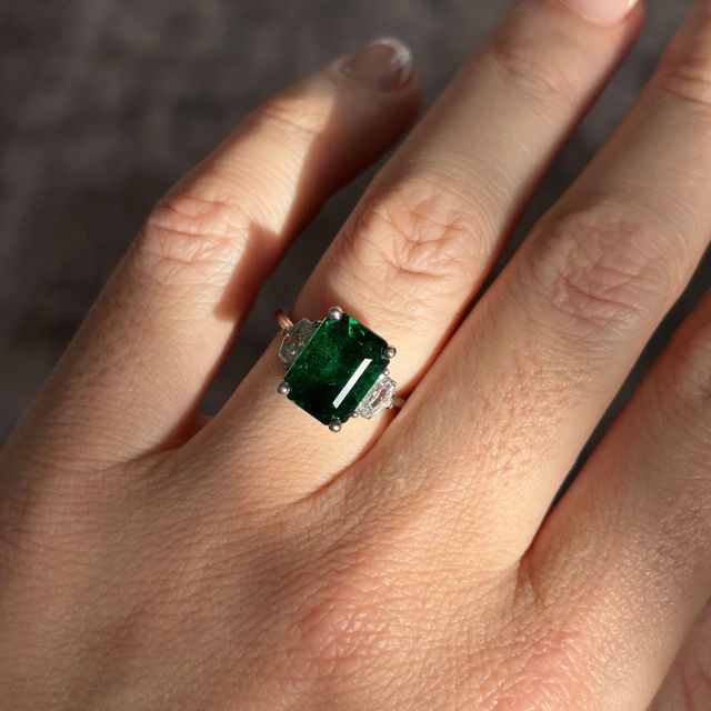 3.92 Carat Natural Emerald-Cut Green Emerald Trilogy Engagement Ring in Platinum