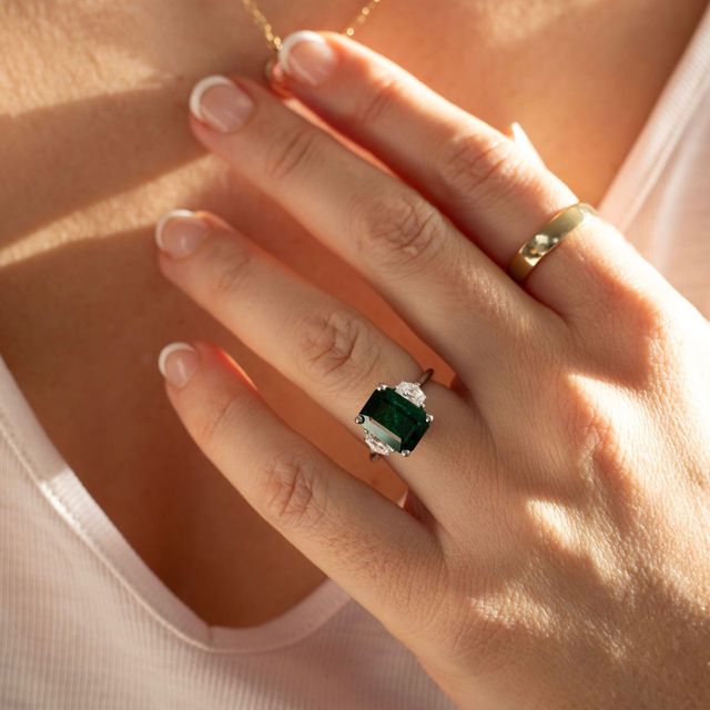 3.92 Carat Natural Emerald-Cut Green Emerald Trilogy Engagement Ring in Platinum