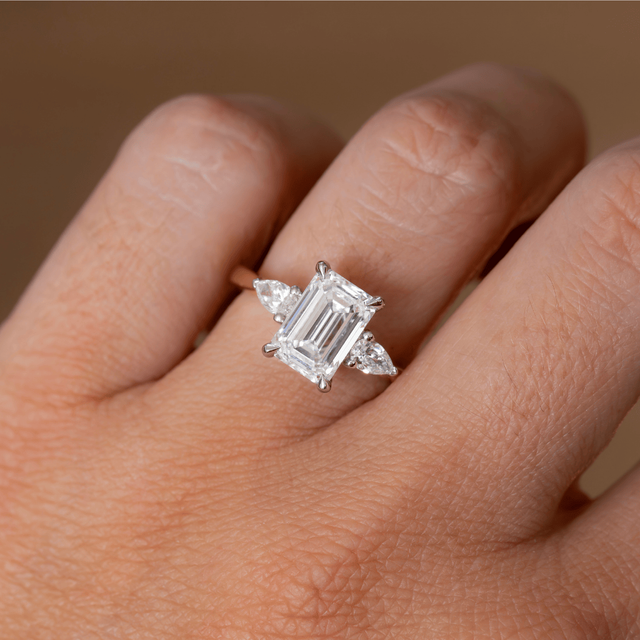 3.00 Carat Lab Grown Emerald Cut Diamond Trilogy Engagement Ring in Two Tone - Amaya