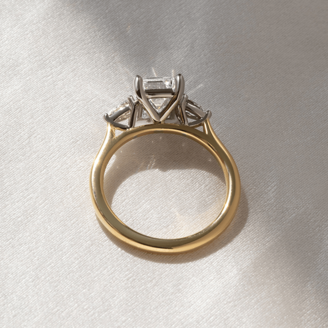 3.00 Carat Lab Grown Emerald Cut Diamond Trilogy Engagement Ring in Two Tone - Amaya