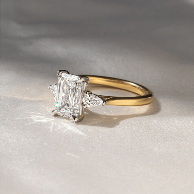 3.00 Carat Lab Grown Emerald Cut Diamond Trilogy Engagement Ring in Two Tone - Amaya