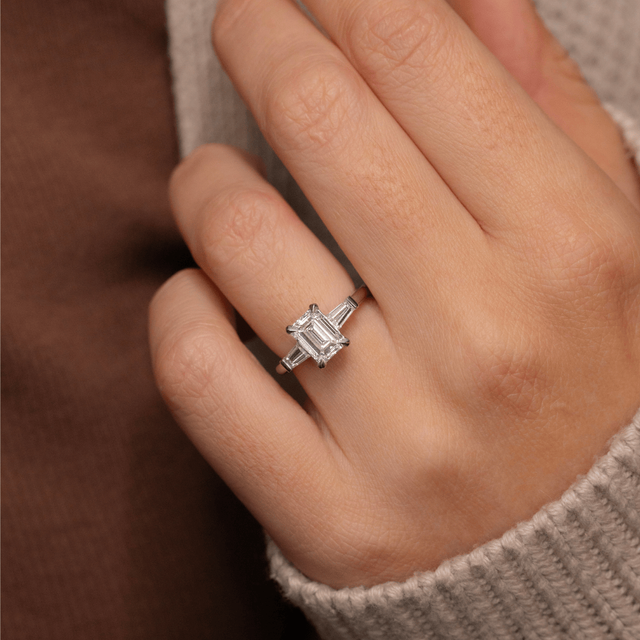 1.70 Carat Lab Grown Emerald Cut Diamond Trilogy Engagement Ring in Platinum - Kenzo