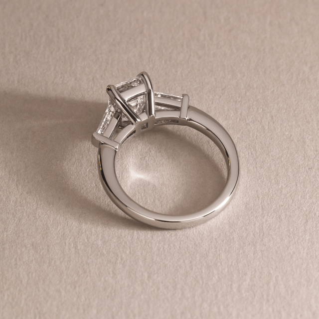 1.70 Carat Lab Grown Emerald Cut Diamond Trilogy Engagement Ring in Platinum - Kenzo