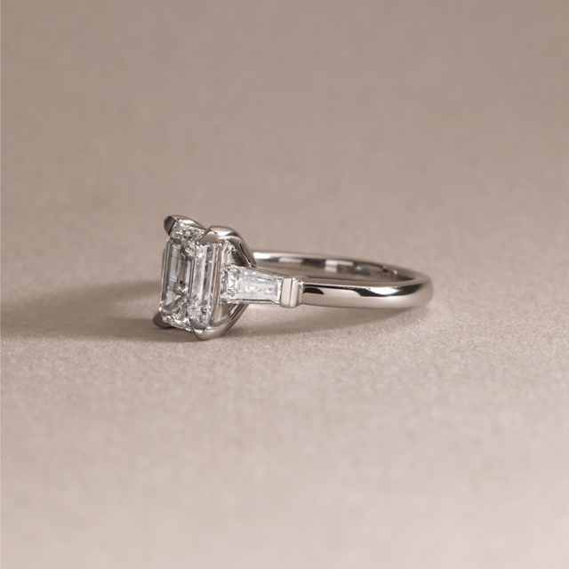 1.70 Carat Lab Grown Emerald Cut Diamond Trilogy Engagement Ring in Platinum - Kenzo