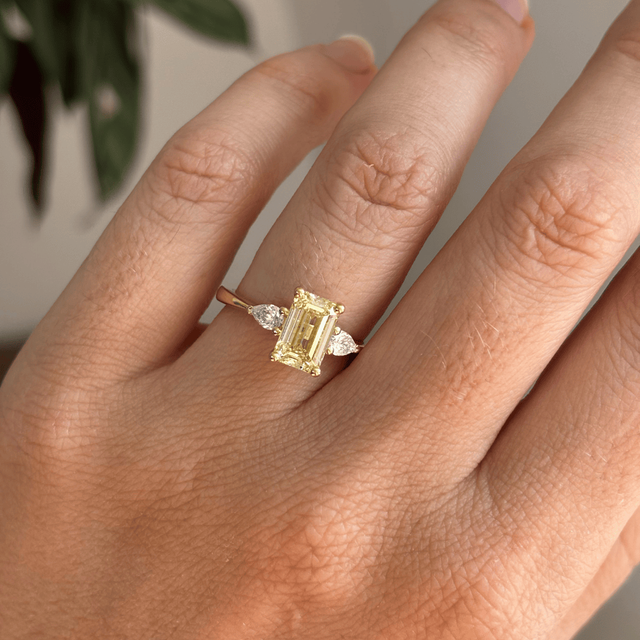 2 Carat Yellow Emerald Diamond Trilogy Engagement Ring in Yellow Gold - Vivian
