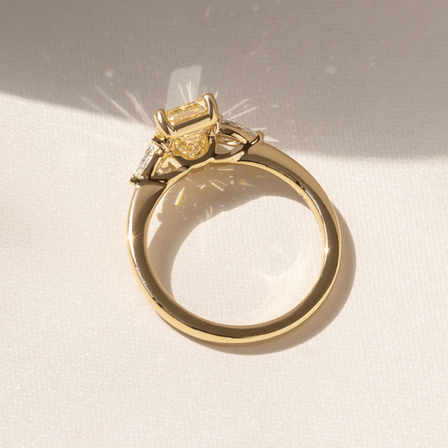 2 Carat Yellow Emerald Diamond Trilogy Engagement Ring in Yellow Gold - Vivian