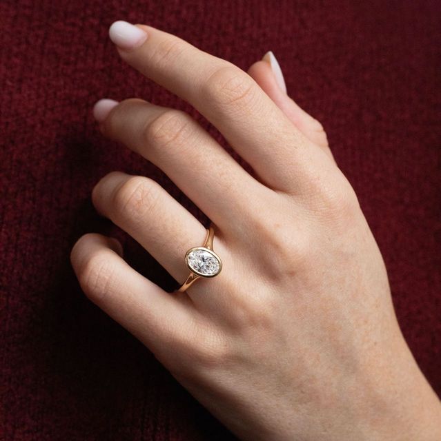 1.58 Carat Lab Grown Oval Bezel Set Solitaire Engagement Ring In Yellow Gold - London