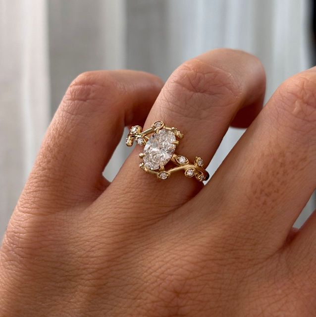 1.38 Carat Lab Grown Oval Diamond Flower Engagement Ring in Yellow Gold - Secret Garden