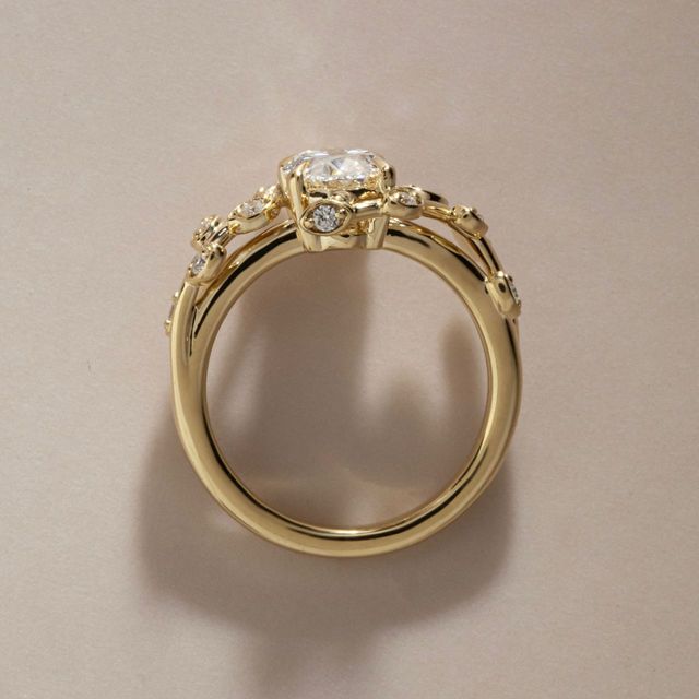 1.38 Carat Lab Grown Oval Diamond Flower Engagement Ring in Yellow Gold - Secret Garden