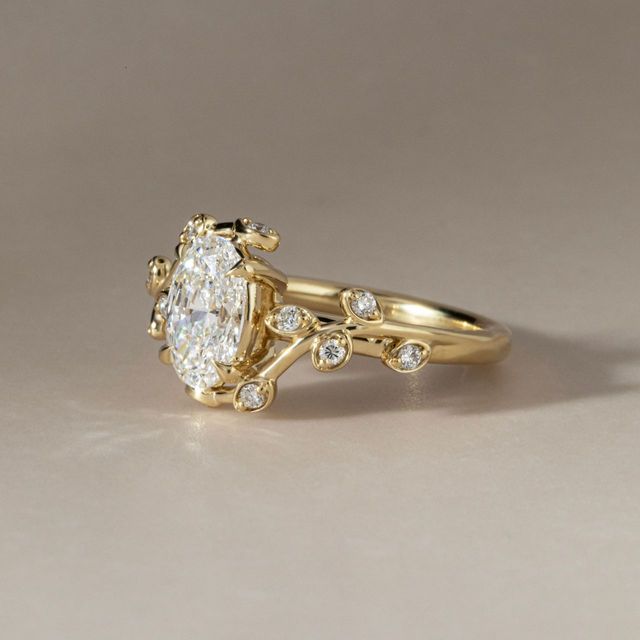 1.38 Carat Lab Grown Oval Diamond Flower Engagement Ring in Yellow Gold - Secret Garden